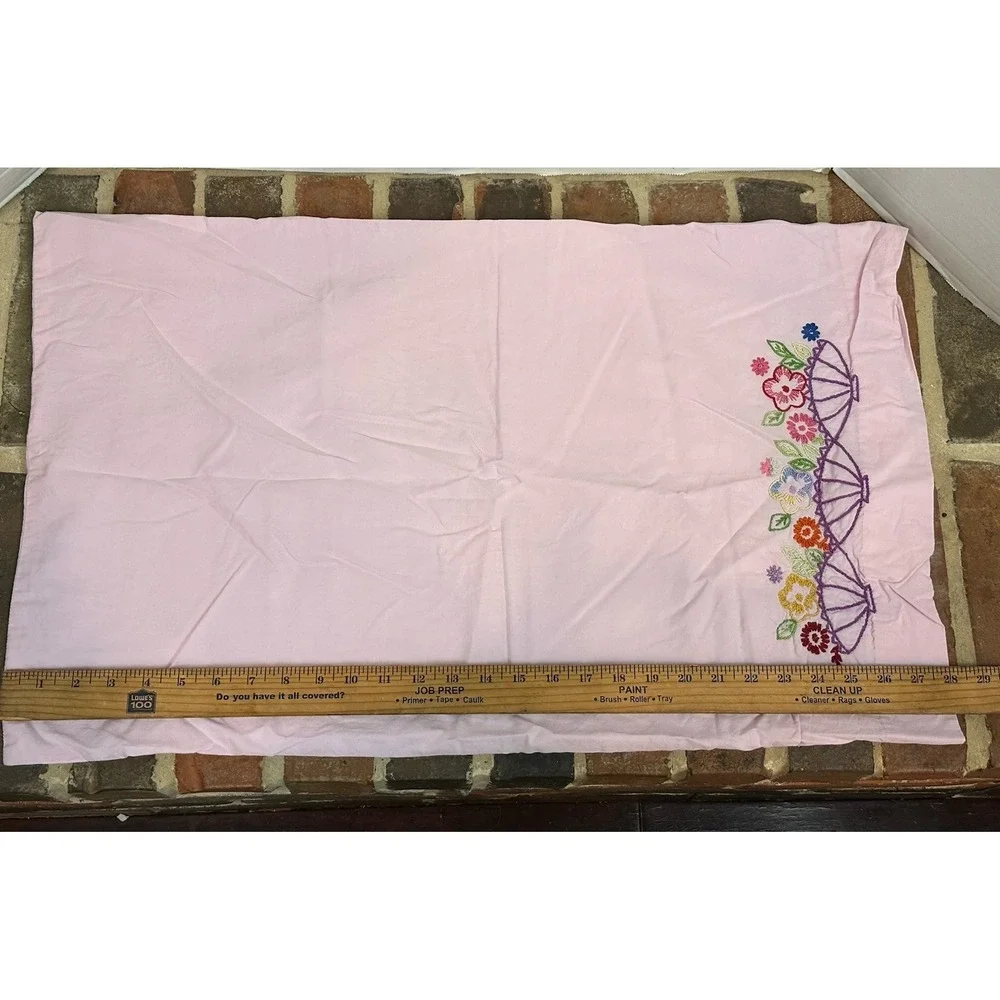 2 Vintage Standard Cotton Pink Pillowcases Hand Embroidered Flowers Baskets